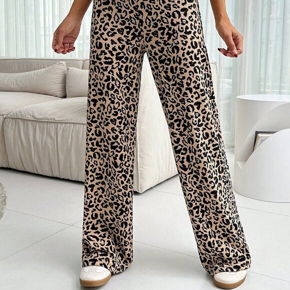 Brown Casual Women's Leopart Print Wide Leg Pants - Picture 4 of 6
